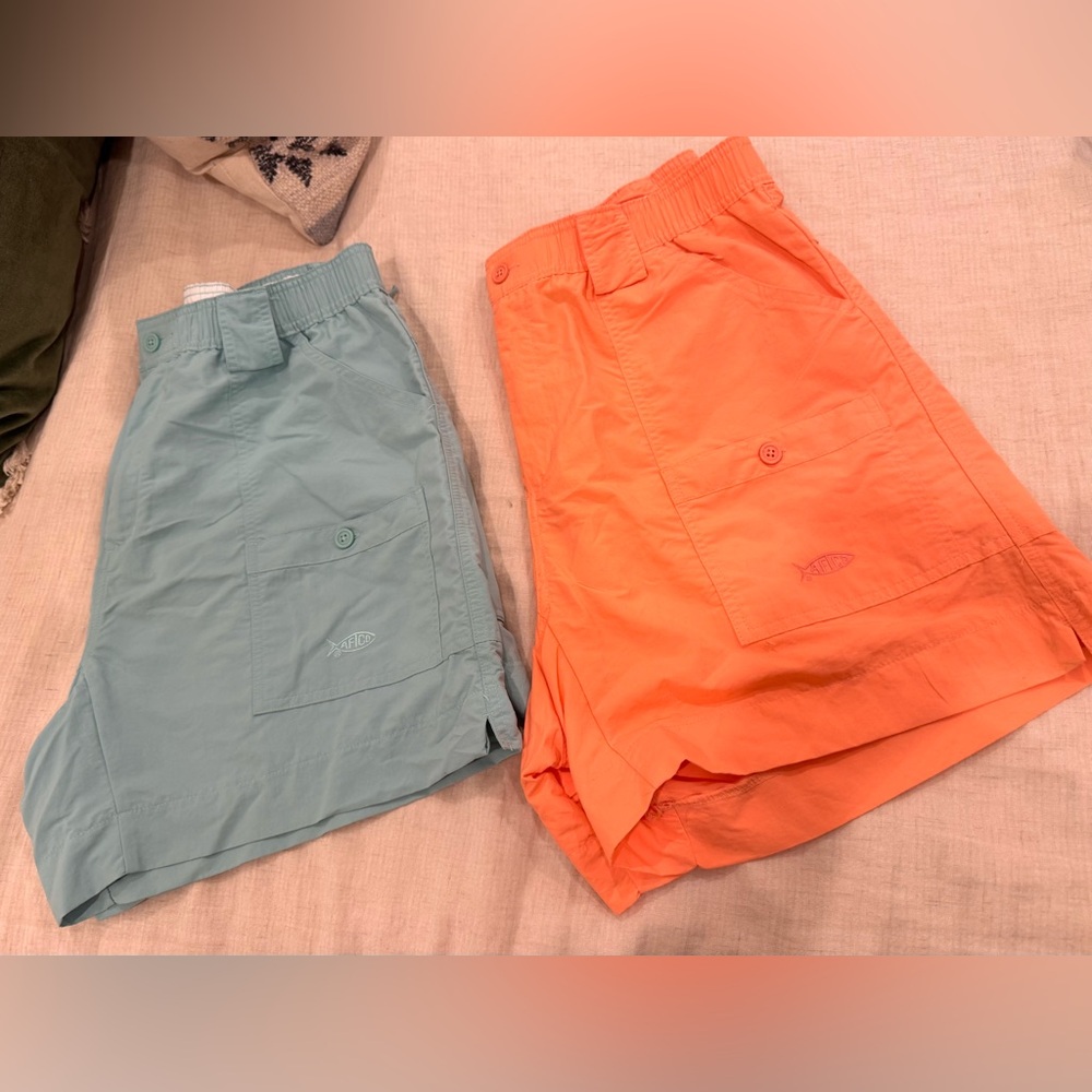 AFTCO Men’s Original Fishing Shorts (2 PAIR) Orange/Teal Blue Size 38 EUC